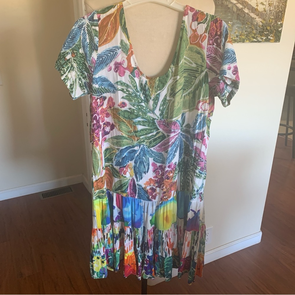 Jams World Blue Green Floral Scoop Neck Hattie dress, with tiered bottom